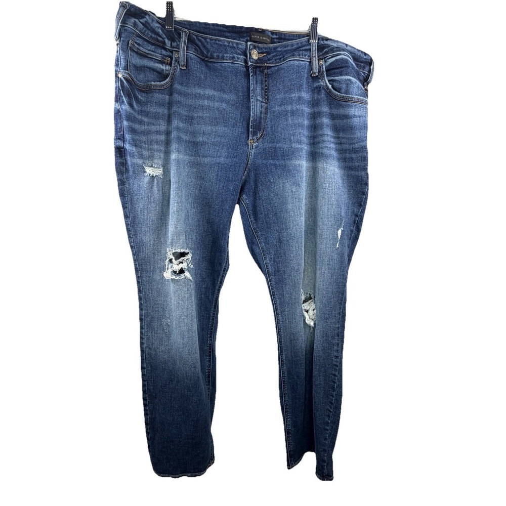 Silver Jeans Womens Plus 24 Blue Boyfriend Stretch Medium Wash Denim Distressed